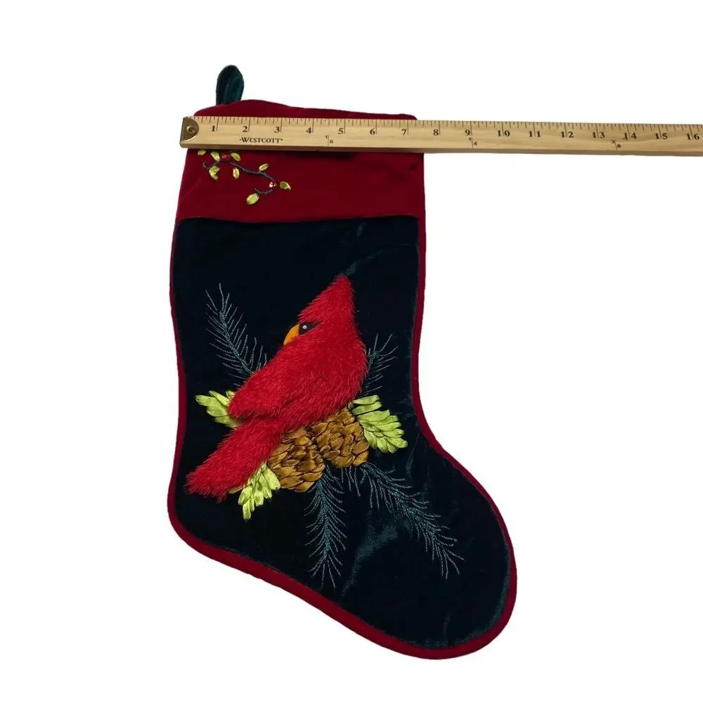 Santa’s Best 3D Red Cardinal on Branch Embroidered Velvet Christmas Stocking